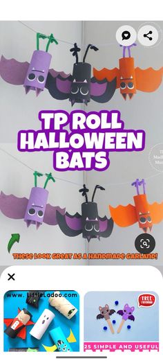 some paper bats are hanging from a line with the words tp roll halloween bats