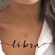 "Celebrate your inner Libra with this dainty little zodiac necklace! Libra dates are September 23 - October 23! Shop more zodiac & birthstone gifts » https://www.etsy.com/shop/LandonLacey?ref=seller-platform-mcnav&section_id=24978022 Love LLJ? Sign up for my newsletter for exclusive updates and deals! » www.eepurl.com/cwyDmn it's in the DETAILS . . . » Gold filled chain » Gold plated zodiac constellation with anti-tarnish finish and CZ inlay » The model is wearing this necklace at 15\". Please n Dainty Adjustable Zodiac Sign Jewelry, Dainty Zodiac Sign Jewelry, Minimalist Zodiac Sign Charm Necklace, Dainty Zodiac Sign Necklaces, Dainty Zodiac Sign Necklace For Gift, Minimalist Zodiac Sign Necklace Gift, Constellation Balance, Libra Zodiac Constellation, Libra Dates