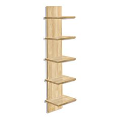 a wooden shelf with three shelves on each side and one in the middle, against a white background