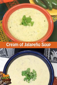 two bowls filled with cream of jalapeno soup