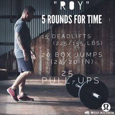 a man standing in front of a barbell with the words, 5 rounds for time