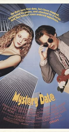 a movie poster for the film mystery date with two people talking on their cell phones