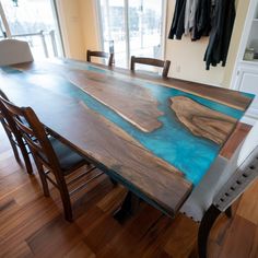 Double River Live Edge Epoxy Table - Brick Mill Furniture Live Edge Kitchen Table, Epoxy Wood Table, Wood Resin Table, Wood Table Design, Dining Sofa, Wood Epoxy, Epoxy Resin Table, Epoxy Table, Wooden Dining Chairs