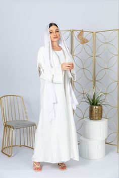 Abaya with Embroidery Denim Abaya, Arabic Kaftan, White Abaya, Abaya Design, Golden Embroidery