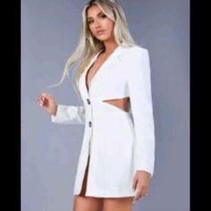 I Loved This Blazer Dress But It’s Way To Short Gif Me Where I’m Six Foot Tall So Hopefully It’d Fit Someone Who Is A Little Shorter Lol Also It’s More Of An Off White Color And Not Bright White Like The Picture But The Material Is Silky And Think And Durable Chic White Open Front Dress, White Fitted Dress With Open Front, Dress Miss, Shein Dress, Shein Dresses, White Blazer, Off White Color, Blazer Dress, Bright White