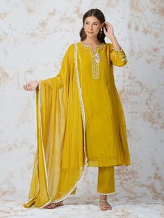 Mustard Yellow Baroque Flower A-line Chanderi Kurta Set (Set of 4) By Devyani Mehrotra now available at Trendroots Kurta Style, A Line Kurta, Smart Outfit, How To Hem Pants, Pernia Pop Up Shop, Lace Hem, Yellow Fabric, Kurta Set, Vintage Summer