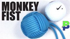 a ball of blue rope next to a golf ball on a white background with the words monkey fist