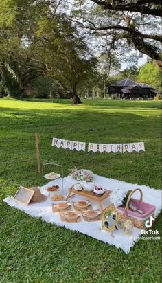 an outdoor picnic with food and drinks on the grass in front of a happy birthday banner