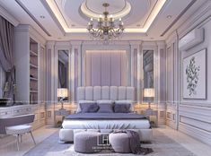 a bedroom with a chandelier hanging from the ceiling and a bed in the middle