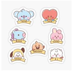 six stickers with different cartoon animals and ribbons on them, all in various colors