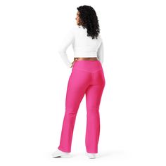 Designed to enhance your figure, these trendy leggings feature a high waist and a butt-lifting cut. The flared leg bottoms add a touch of style and make the leggings comfortable. Wear them on a walk, to the gym, or style them up with a bomber jacket or hoodie. • 74% recycled polyester, 26% elastane • Fabric weight (may vary by 5%): 7.37 oz./yd.² (250 g/m²) • Soft and stretchy premium quality fabric with a mild compression feel • Moisture-wicking fabric • UPF 50+ protection • High-waisted with a Trendy Stretch High-waisted Leggings, Trendy Full Length Pink Yoga Pants, Pink Stretch Wide Leg Leggings, Trendy Flare Yoga Pants, Trendy Stretch Full Length Flares, Trendy Fitted Full Length Leggings, Trendy Fitted Straight Leg Leggings, Pink High Stretch Bottoms For Fall, Trendy Pink Stretch Yoga Pants