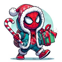 a spider man with a christmas present in his hand and wearing a santa claus hat