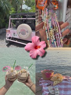 a collage of photos with pink flowers and items on the table in front of water