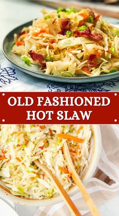 an old fashioned hot slaw is served in a bowl with chopsticks