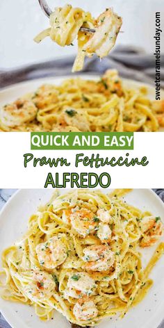 chicken and easy prawn fettuccine alfredo on a white plate with a fork