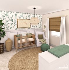 a baby's room with green and white wallpaper