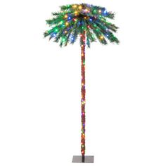 a lighted palm tree with multicolored lights on it's top and bottom