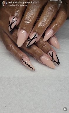 Black Abstract Nail Designs, February Nails Stiletto, Trendy Almond Nails Designs, Nude Baddie Nails Almond, Modern Art Nails, Almond Nails Black Women, Modern French Tip Nails, Nude Nails With Black Design, Almond Stiletto Nails