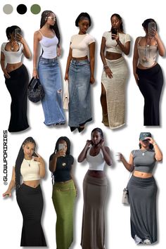 Skirt Outfit Inspo Black Women, Jeans Top Outfit Ideas, Long Skirt Crop Top Outfit, Skirt With Crop Top Outfit, Outfits Ideas With Long Skirts, Style Green Skirt, Crop Top Over Dress Outfits, Long Skirts And Crop Tops, Maxi Skirt With Crop Top