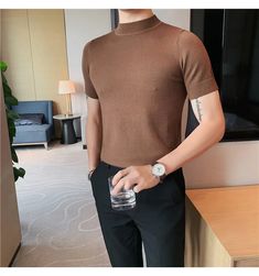 High Neck Knitted T-ShirtMaterial: Polyester 27.7% Nylon 23% Viscose 49.3%High NeckRibbed trimsShort sleeveSlim fitSize Recommender M 48-52KGL 52-60KGXL 60-65KG2XL 65-72KG3XL 72-77KG4XL 77-85KG High Neck Tshirt Men Outfit, Knit Short Sleeve T-shirt, Brown Stretch Crew Neck T-shirt, Ribbed Short Sleeve Tops For Winter, Fitted Crew Neck Knit T-shirt, Fitted Knit Crew Neck T-shirt, Fitted Knit T-shirt With Crew Neck, Short Sleeve Knit T-shirt, Knit Crew Neck T-shirt