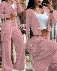 Elluis - Chic Velvet Crop Top with Button Details and Coordinated Pocketed Pants Set Button Crop Top, Maxi Dresses Fall, Velvet Crop Top, Chic Type, Pink M, Dinner Outfits, Round Neck Dresses, Top Pants Set, Cotton Linen Fabric