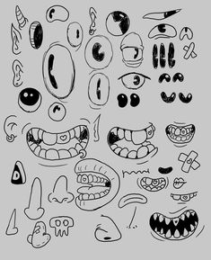 an assortment of cartoon faces drawn in black and white