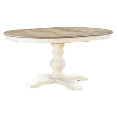 a white table with a wooden top