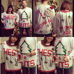 four pictures of people wearing ugly ugly sweaters with christmas trees and bows on them