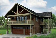 a two story house with garage attached to the second floor and balcony on top of it