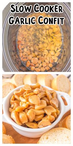 slow cooker garlic confit in a white bowl with the title above it