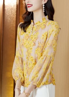 Italian Yellow Stand Collar Print Button Chiffon Shirt Long SleeveFabric: ChiffonSize & Fit: Fit: This garment fits true to size.Length: Size L measures 23.4"from shoulder to hemBust: Great for any cup size. Waist: Loose Fit. Comfortable room throughout midsection.Hip: Loose Fit - room for hips. Hand Wash Cold. Comfortable Room, Chiffon Shirt, Shirt Long Sleeve, Cup Size, Stand Collar, Long Sleeve Shirts, Loose Fitting, Chiffon, Hand Wash