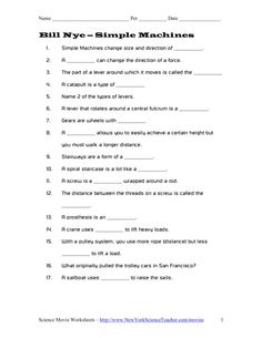 the bill nye simple machines worksheet is shown in black and white,