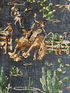 an image of people riding horses and cowboys on a blue background with cacti