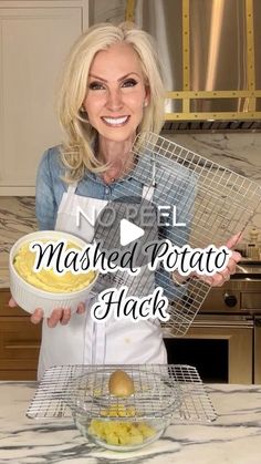 a woman holding a bowl with food in it and the words mashed potato hack