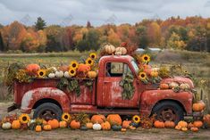 an old red truck decorated with sunflowers and pumpkins