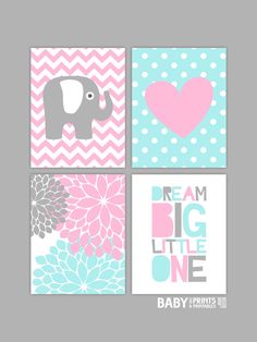 Baby Girl Nursery art prints, Set of 4 11x14. Elephant, Heart, Dream Big Little One Purple Nursery Girl, Girl Nursery Art, Mint Nursery, Nursery Canvas, Baby Elephants, Trendy Baby Nursery