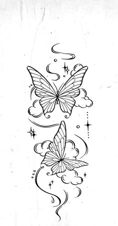 a drawing of two butterflies flying in the sky