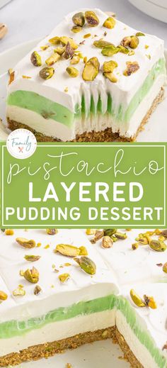 a piece of pistachio layered pudding dessert on a plate