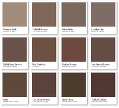 the shades of brown are shown in this color chart for interior paint colors and their names