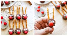 some food is being made to look like rudolph the red nose reindeers on sticks