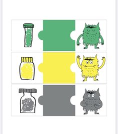 an image of puzzle pieces with monsters and bottles on them in green, yellow and grey