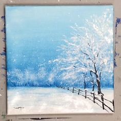 an acrylic painting of a snowy scene with a tree and fence in the foreground