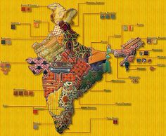 an illustrated map of india with all the states and their major cities on yellow background