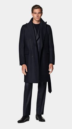 Navy Belted Overcoat in Wool Cashmere Belted Wool Double-breasted Outerwear, Semi-formal Shawl Collar Single Breasted Outerwear, Wool Double-breasted Belted Outerwear, Belted Double-breasted Wool Coat For Business, Fitted Business Outerwear With Belt Loops, Designer Outerwear With Double Button Closure And Suit Collar, Classic Outerwear With Notch Lapel And Belt Loops, Designer Tailored Outerwear With Double Button Closure, Winter Business Blazer With Belt Loops