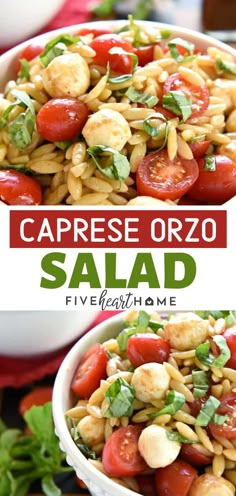 caprese orzo salad with tomatoes and cashews in a white bowl