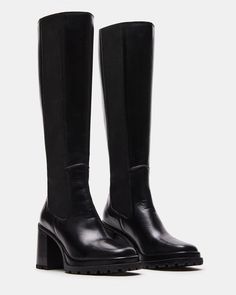 ALESTI Black Leather Square Toe Knee High Boot | Women's Boots – Steve Madden Mid Length Black Boots, Steve Madden High Boots, Outfits Extra, Long Black Leather Boots, Tall Boots Outfit, Steve Madden Black Boots, Thigh High Black Boots, Long Black Boots, Black Leather Boots Women