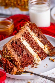 a slice of chocolate cake on a white plate