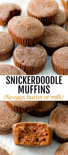 a close up of some muffins on a plate with the words,'snickkerdoodle muffins no eggs butter or milk