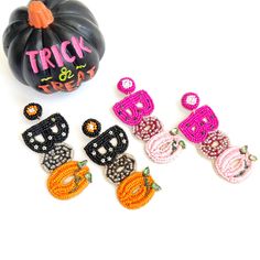 Get ready to embrace the spooky season with a burst of vibrant pink and orange plus a dash of eerie charm! Our assortment of BOO Halloween Hand Beaded Earrings is here to add a playful twist to your Halloween ensemble. These earrings are designed to make you the talk of the pumpkin patch, turning heads and spreading smiles wherever you go. ~ Length - See photo with measurements ~ Post back ~ Price is for 1 pair ~ Soft felt backing 📌Most Items are handmade so no two pieces are exact. Colors may Handmade Pink Jewelry For Halloween, Fun Orange Halloween Jewelry, Fun Orange Jewelry For Halloween, Pink Dangle Jewelry For Halloween, Fun Orange Halloween Earrings, Fun Orange Earrings For Halloween, Red Fun Halloween Jewelry, Fun Red Halloween Jewelry, Pink Halloween Party Earrings