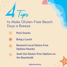 Summer brings with it an irresistible temptation to hit the beach, soak up the sun, and indulge in refreshing treats. ☀️ 🍹 When living gluten-free, beach outings can present certain challenges as it can sometimes be hard to find suitable food options – but have no fear! With a little planning and some helpful tips, you can enjoy a fun-filled day at the beach while staying true to your gluten-free diet. 🏖️🐚😎 Here are our 4 tips for making gluten-free beach days a breeze. 🌴🌺👙 Soak Up The Sun, Gluten Intolerance, Food Options, Free Beach, Gluten Free Diet, No Fear, Support Group, Be True To Yourself, Beach Days